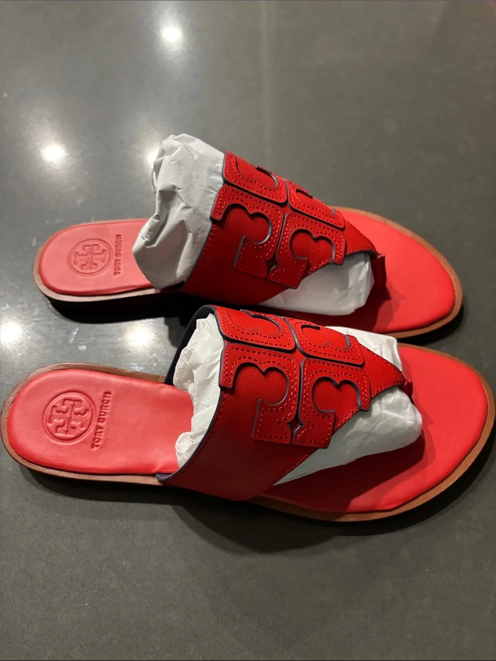 NWOT Tory Burch Red Leather Logo Thong Slide Sandals